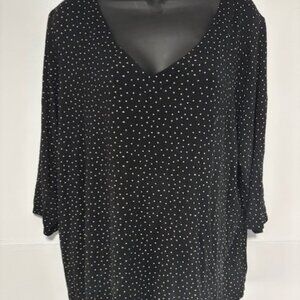 J.Jill Wearever Pullover Blouse PXL 3/4 Sleeve Polka Dot Black V Neck Minimal